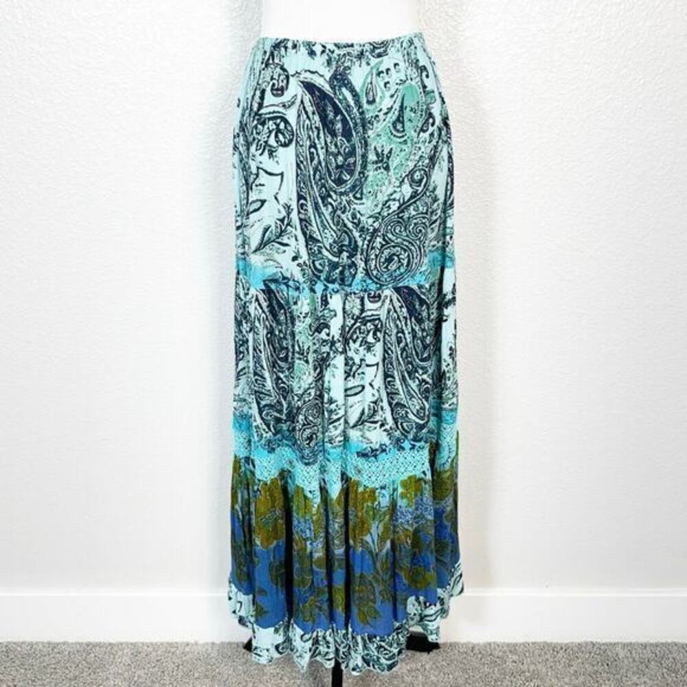 Forbidden Los Angeles Small Boho Artsy Fairycore Tiered Maxi‎ Skirt Blue Paisley